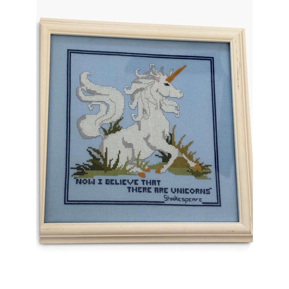 Vintage Framed Unicorn Cross Stitch Shakespeare Quote Wall Art Blue 12.5x12.5